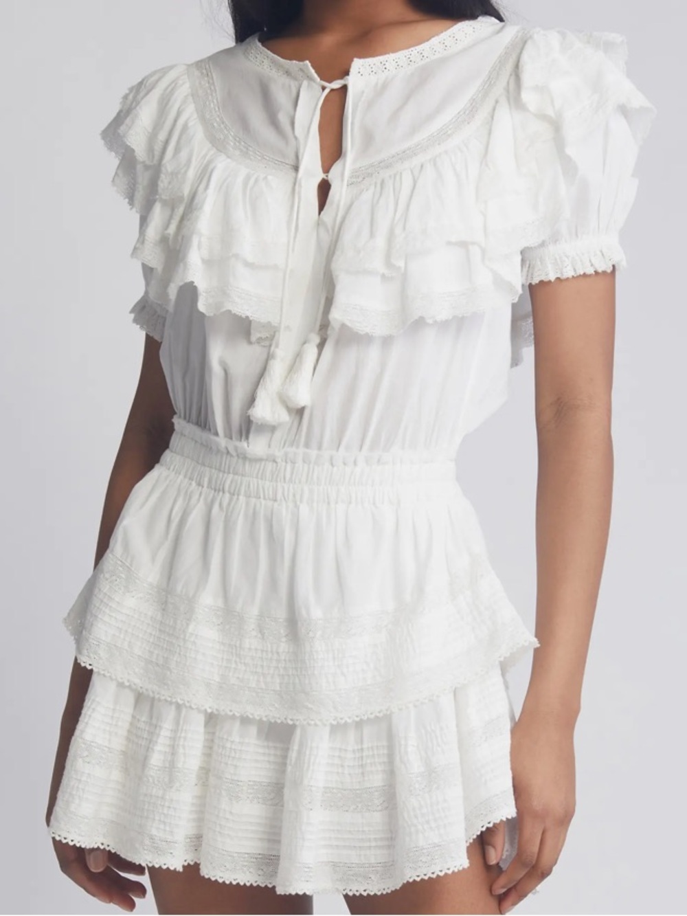 LoveShackFancy Liv White Lace & Ruffle Short Puff Sleeve Mini Dress Tassel Ties